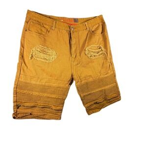 Diamond Stash Moto Denim Shorts Mens 44 Mustard Yellow Good Distressed Zipper